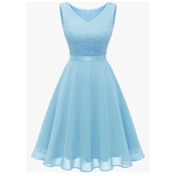 Womens XL Sleeveless Light Blue Chiffon Dress W/ Sequin Bodice & Zipper Back - Picture 2 of 9